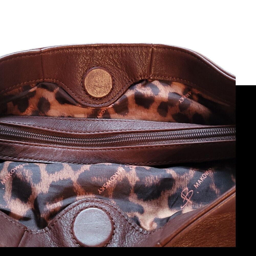 B Makowsky Brown Tan Pebbled Leather Leopard Print Lining Zip Handbag Purse Bag - Picture 4 of 11